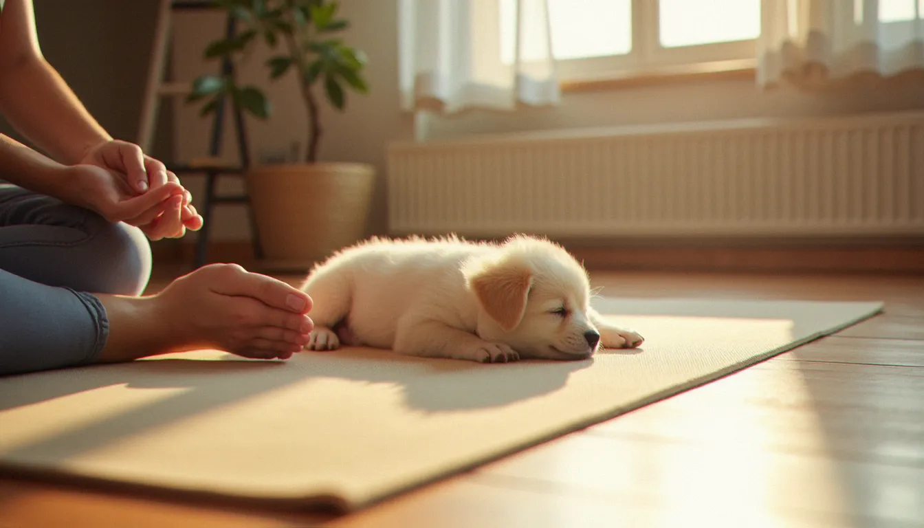 Chiot blanc endormi sur un tapis de yoga en bois lors d'une séance de yoga avec des chiots à Lyon, posé près des pieds nus d'un participant en posture assise.