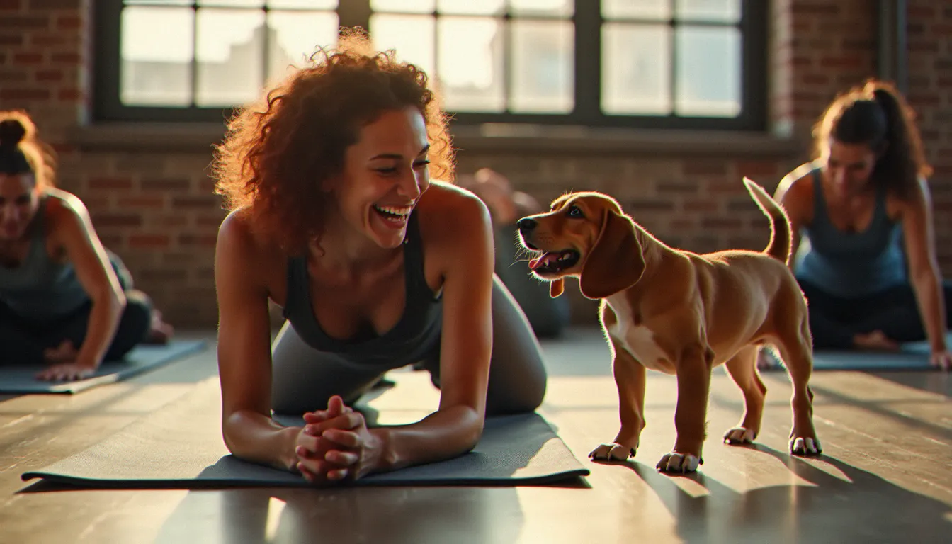 Femme aux cheveux bouclés roux qui rit aux éclats en posture du chien tête en bas pendant une séance de yoga avec des chiots à Lyon, un chiot beagle brun lui reniflant le visage.