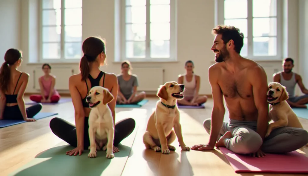 yoga avec des chiots lyon featured Séance de yoga avec des chiots à Lyon dans un studio lumineux, participants souriants en postures douces entourés de chiots labrador et golden retriever qui se promènent librement sur les tapis.