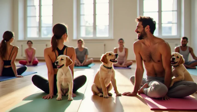 Séance de yoga avec des chiots à Lyon dans un studio lumineux, participants souriants en postures douces entourés de chiots labrador et golden retriever qui se promènent librement sur les tapis.