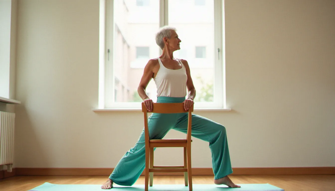 Femme senior pratiquant une posture de guerrier debout avec appui sur le dossier d'une chaise lors d'un cours de yoga avec une chaise