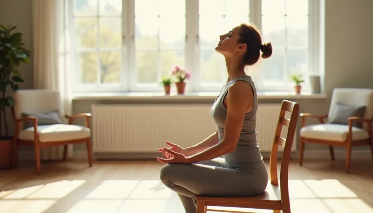 Femme pratiquant une torsion de yoga avec une chaise en bois dans un salon lumineux, posture assise et dos droit