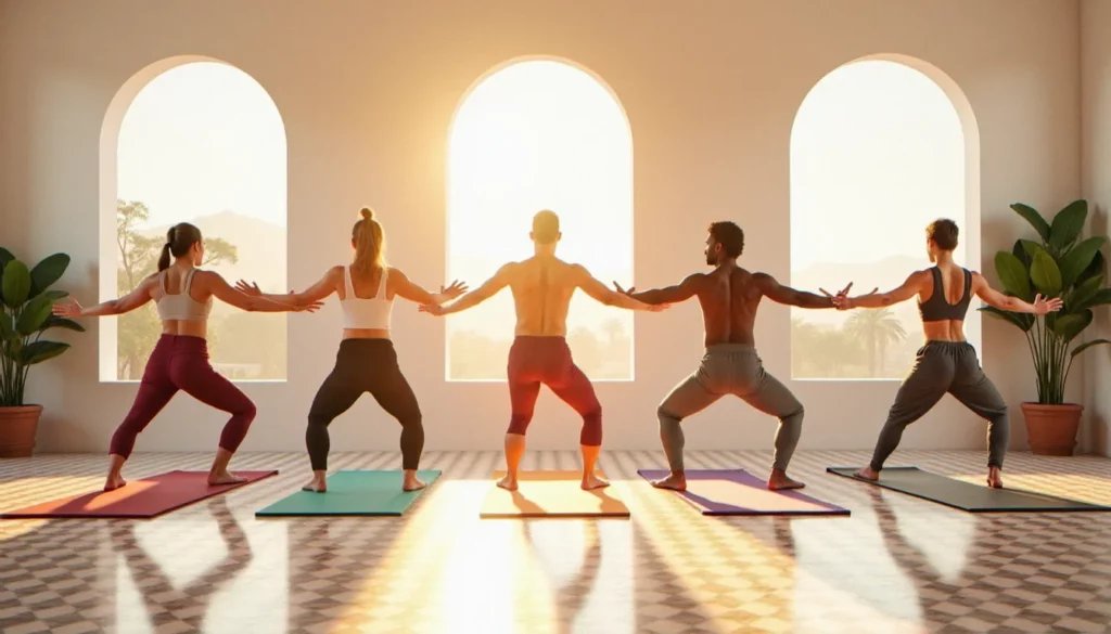 Cours de yoga collectif dans un studio lumineux de Casablanca avec décoration marocaine, illustrant les yoga Casablanca prix accessibles en 2026