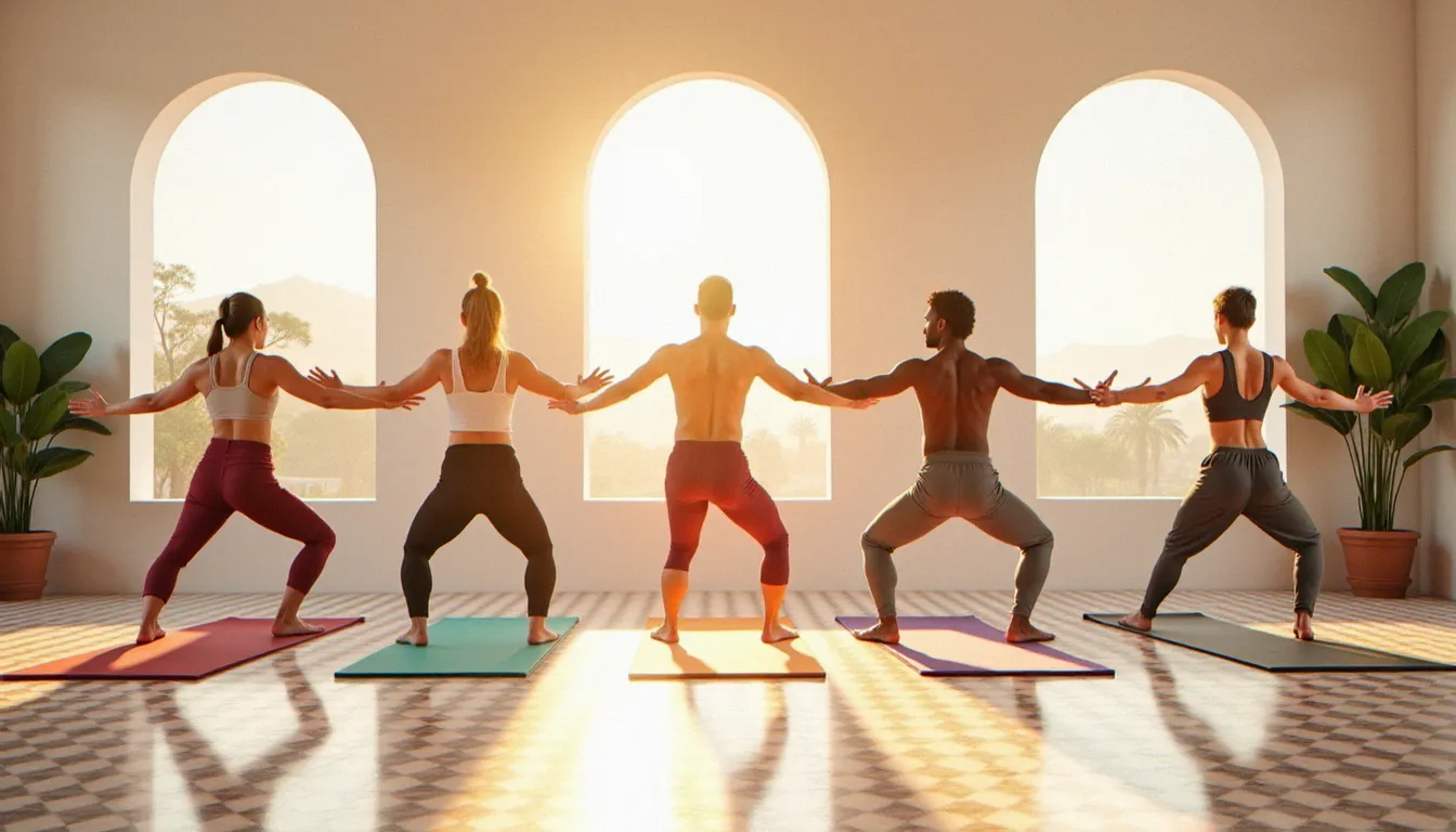 Cours de yoga collectif dans un studio lumineux de Casablanca avec décoration marocaine, illustrant les yoga Casablanca prix accessibles en 2026