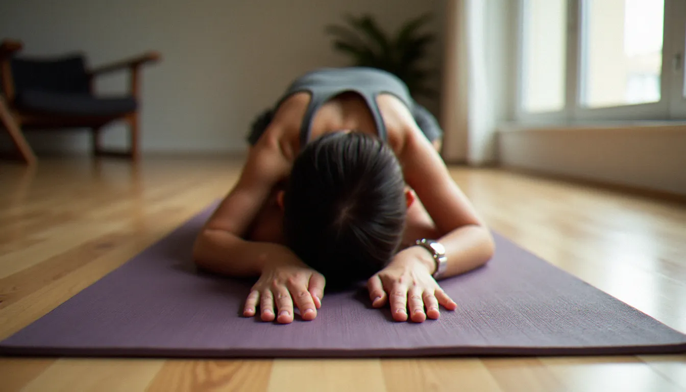 Personne en posture de l'enfant (Balasana) sur un tapis de yoga, mains posées en avant, atmosphère calme et apaisante dans un studio lumineux