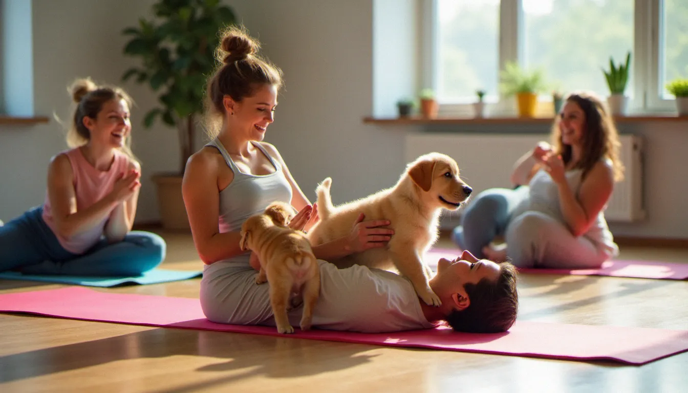 Groupe de pratiquants de yoga avec des chiots golden retriever lors d'une séance de puppy yoga, sourires et joie partagée dans un espace lumineux