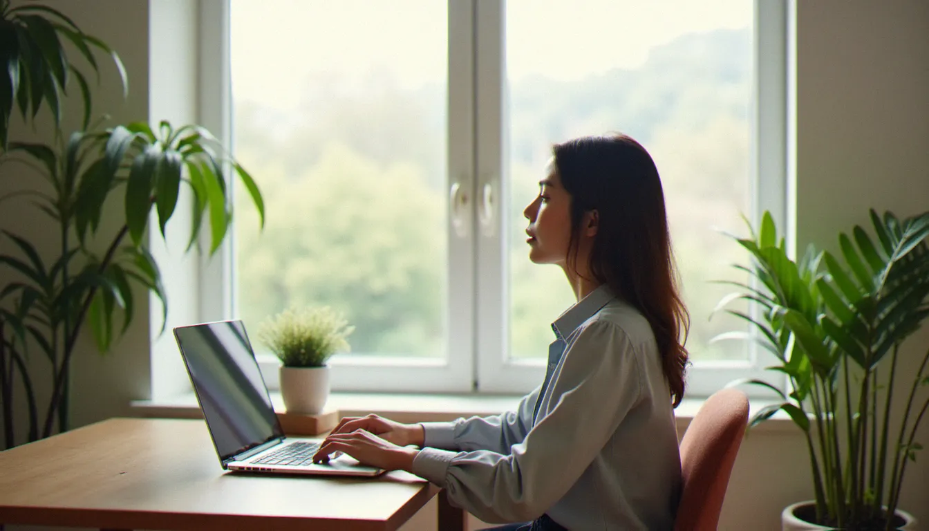 Femme appliquant la règle 20-20-20 du yoga des yeux en regardant au loin depuis son bureau, exercice efficace contre la fatigue des écrans
