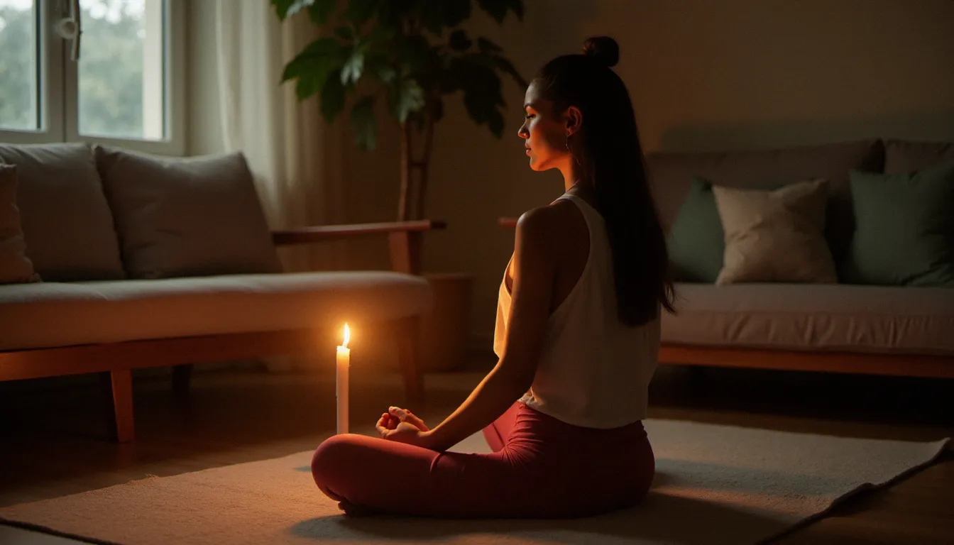 Femme pratiquant le Trataka, exercice de fixation de bougie issu du yoga des yeux efficace pour la concentration et la relaxation visuelle