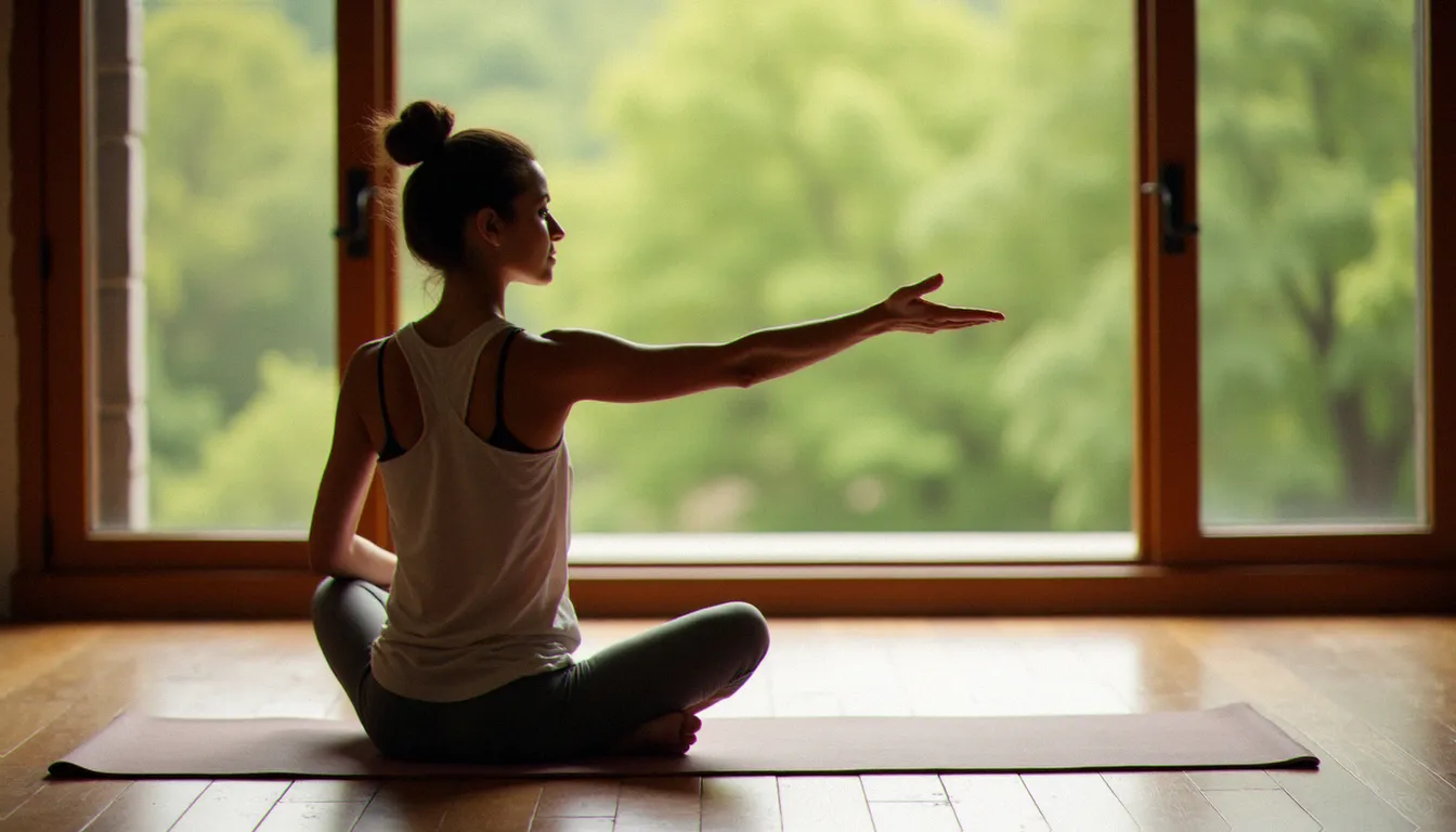 Femme pratiquant l'exercice de vision alternée proche-lointain du yoga des yeux, pouce levé devant elle et regard dirigé vers un paysage lointain