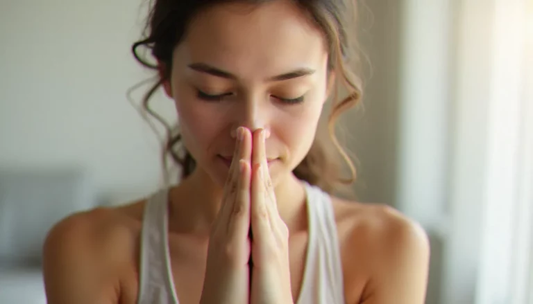 Femme pratiquant le yoga des yeux en position de palming, les paumes couvrant les yeux fermés dans une lumière naturelle apaisante