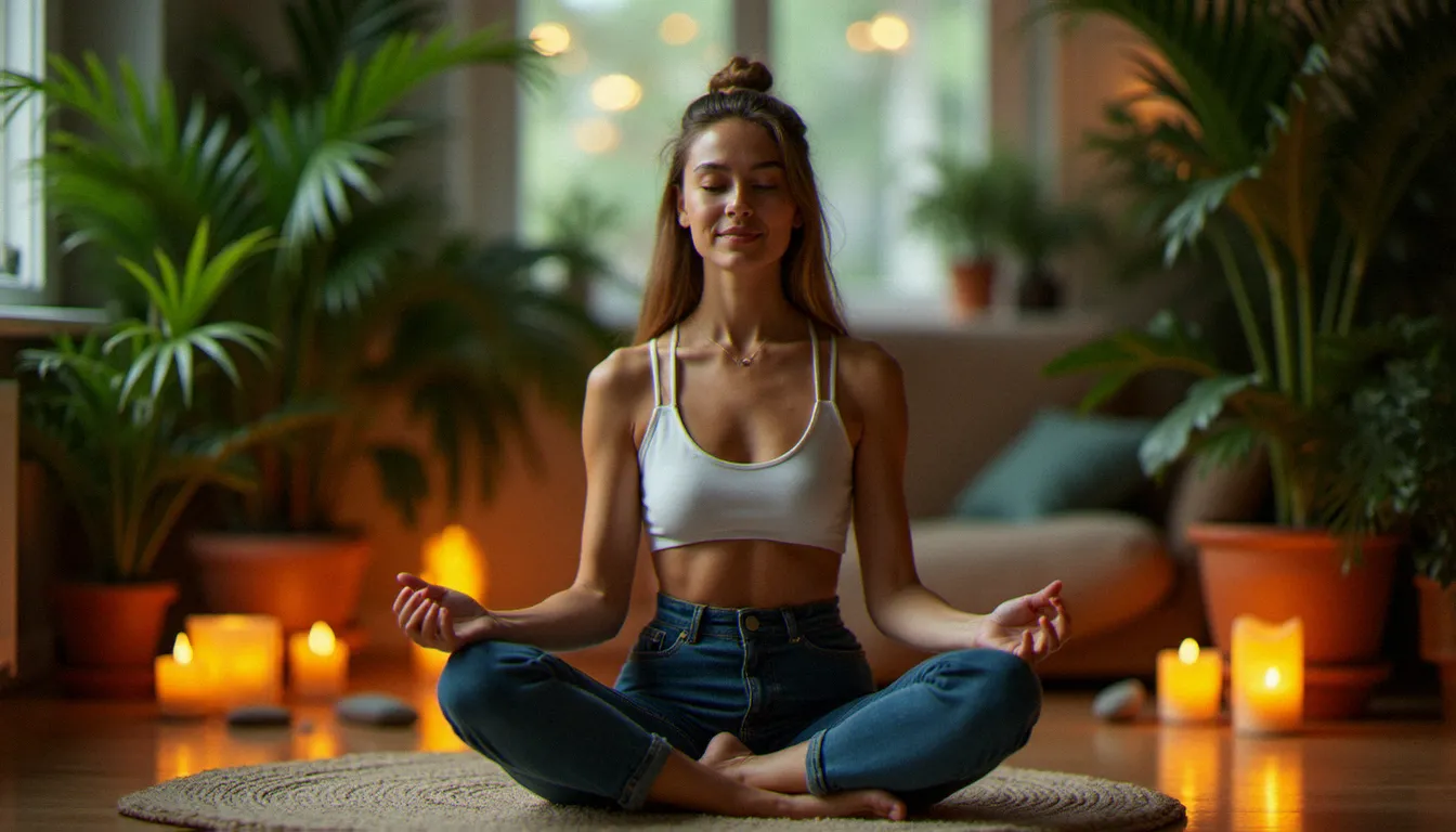 Femme en posture de méditation assise en tailleur dans une ambiance végétale et apaisante, illustrant l'effet du yoga sur la réduction du cortisol et les kilos émotionnels