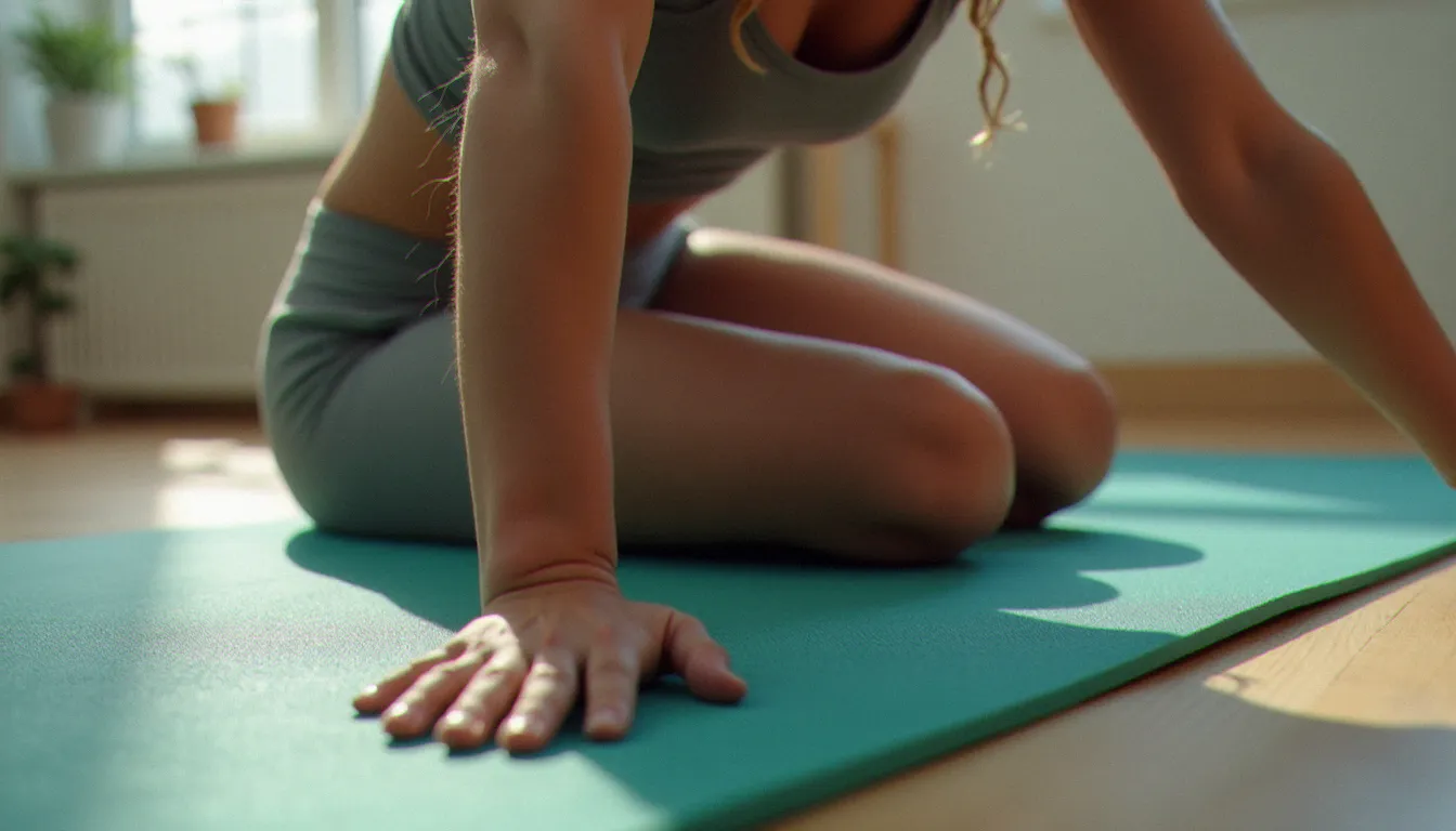 Posture de flexion avant profonde sur tapis de yoga montrant la souplesse et l'allongement musculaire obtenus grâce à une pratique régulière du yoga