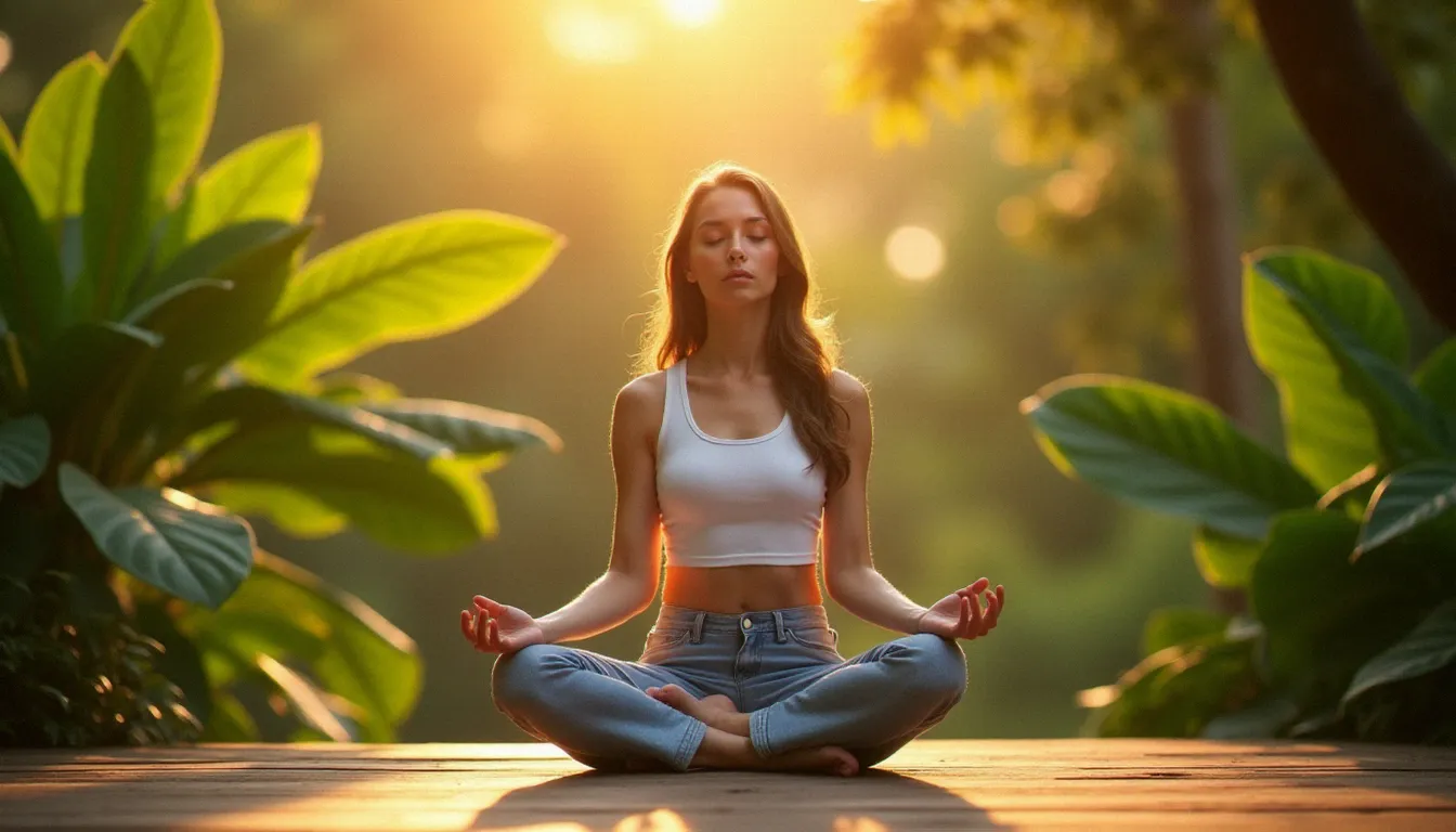 Femme en posture de méditation pratiquant des exercices de pranayama en plein air dans un cadre végétal, illustrant les bienfaits du yoga sur la respiration et la santé cardiovasculaire