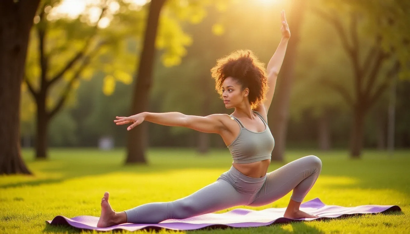 Femme pratiquant une posture de guerrier en yoga en plein air, illustrant les effets du yoga sur le corps et la posture