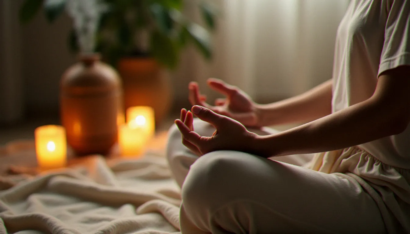 Femme en position de méditation mains jointes lors d'une séance de yoga axée sur la gestion du stress et de l'anxiété