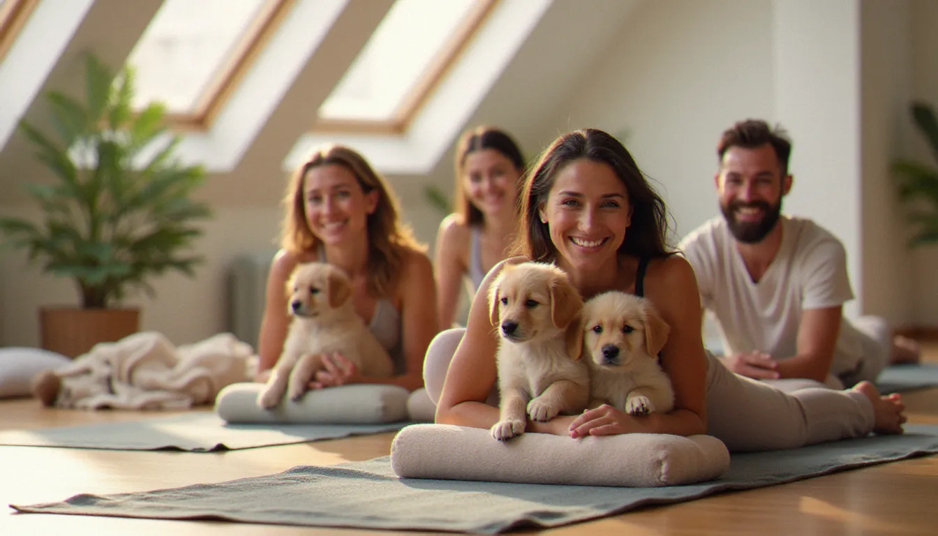 Groupe de participants souriants en séance de puppy yoga avec des chiots, illustrant les bénéfices combinés du yoga et de la présence animale sur la santé mentale