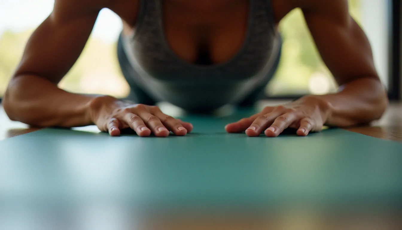 Gros plan sur les bras musclés d'une femme en planche de yoga, montrant le renforcement musculaire issu de la pratique régulière du yoga