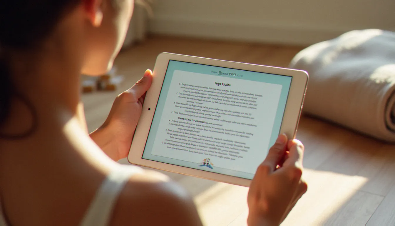 Gros plan sur des mains feuilletant un guide yoga en PDF sur tablette, avec des accessoires de yoga et une patte de chien visible en arrière-plan