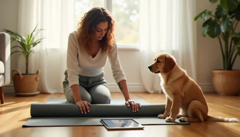 Femme déroulant un tapis de yoga avec un chiot golden retriever à côté et une tablette affichant un yoga guide book pdf posée sur le sol