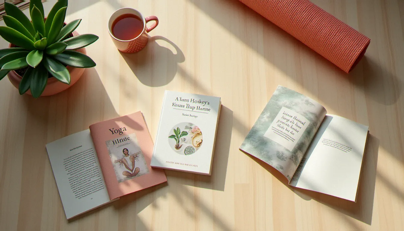 Sélection de livres de yoga pour débutants disposés sur un parquet en bois clair avec un tapis roulé et une tasse de thé