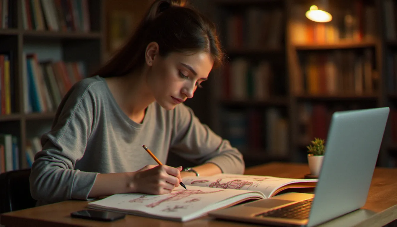 Femme annotant un livre de yoga anatomie à son bureau sous une lampe chaleureuse, entourée d'autres ouvrages sur la pratique du yoga