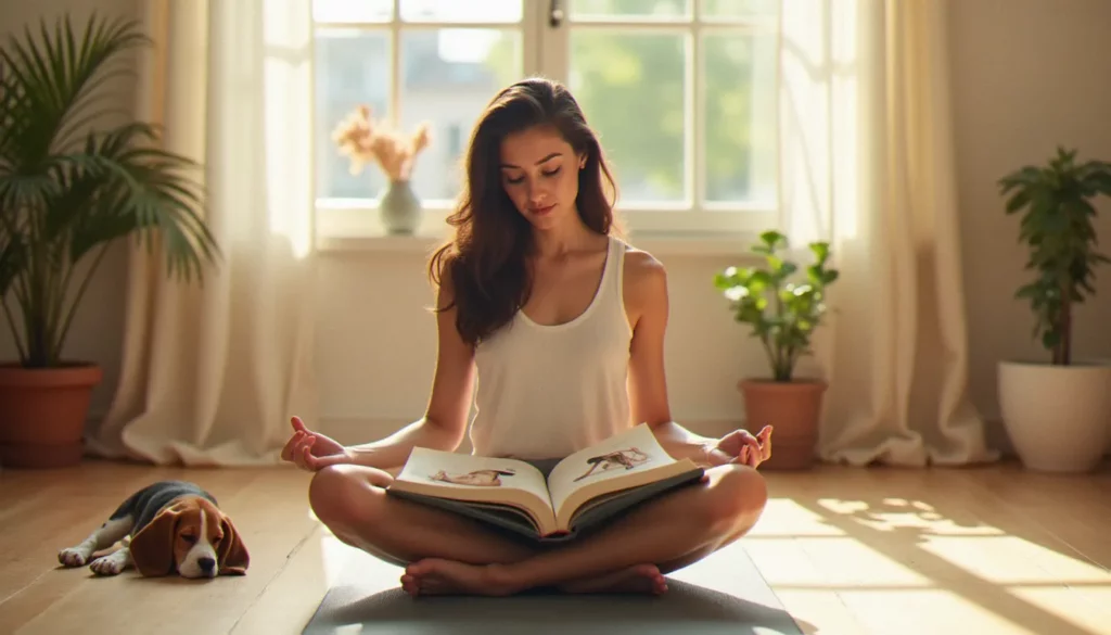 Femme lisant le meilleur livre de yoga installée sur son tapis avec un chiot beagle à ses côtés dans un salon lumineux