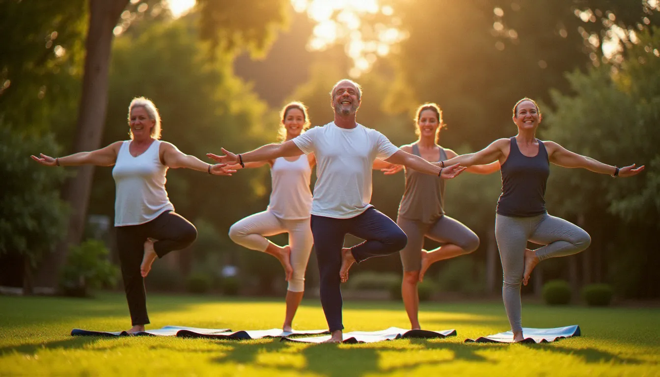 Groupe de personnes de tous âges pratiquant le yoga en extérieur dans un jardin ensoleillé, illustrant l'accessibilité du yoga comme meilleur sport