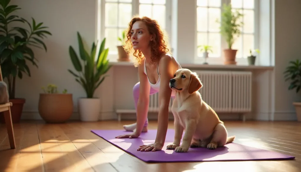 Femme pratiquant le yoga meilleur sport avec un chiot labrador assis sur un tapis violet dans un appartement lumineux