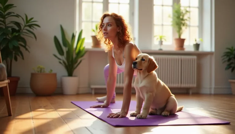 Femme pratiquant le yoga meilleur sport avec un chiot labrador assis sur un tapis violet dans un appartement lumineux