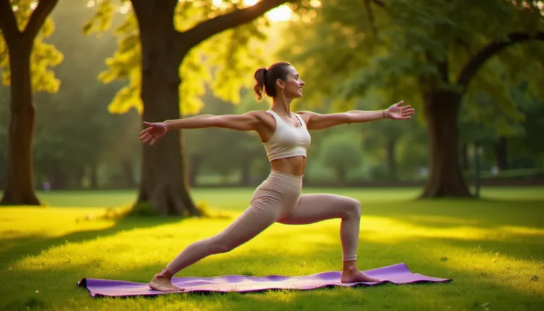 Femme pratiquant le yoga ô naturel en posture du guerrier I dans un parc verdoyant au coucher du soleil, tapis violet sur l'herbe, lumière dorée filtrant à travers les arbres