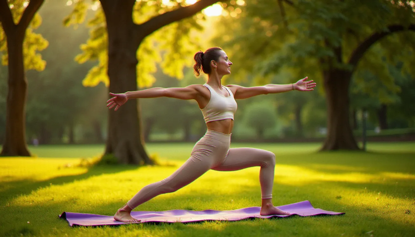 Femme pratiquant le yoga ô naturel en posture du guerrier I dans un parc verdoyant au coucher du soleil, tapis violet sur l'herbe, lumière dorée filtrant à travers les arbres