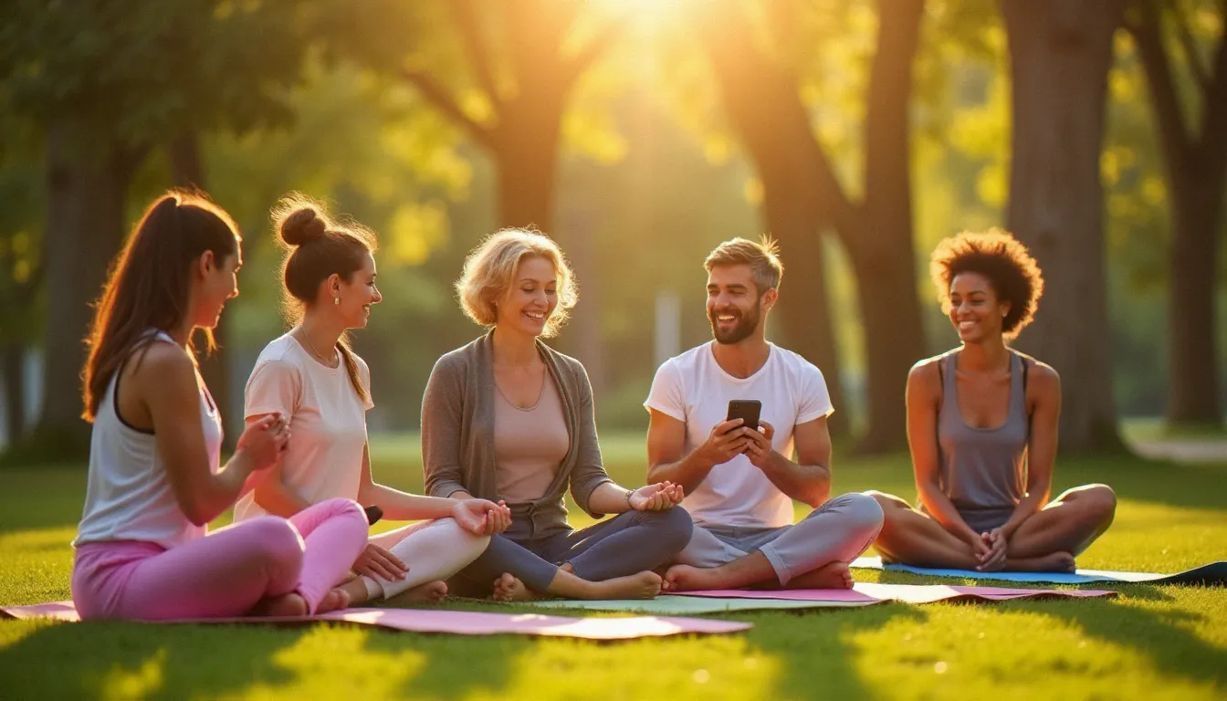 Groupe de personnes de tous âges pratiquant le yoga en plein air dans un parc ensoleillé, illustrant les différentes options de yoga accessibles selon les budgets en 2026