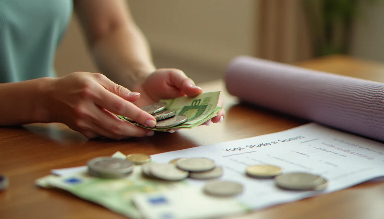 Mains comptant des euros à côté d'un tapis de yoga, représentant les différents prix et tarifs de séances de yoga selon les formats