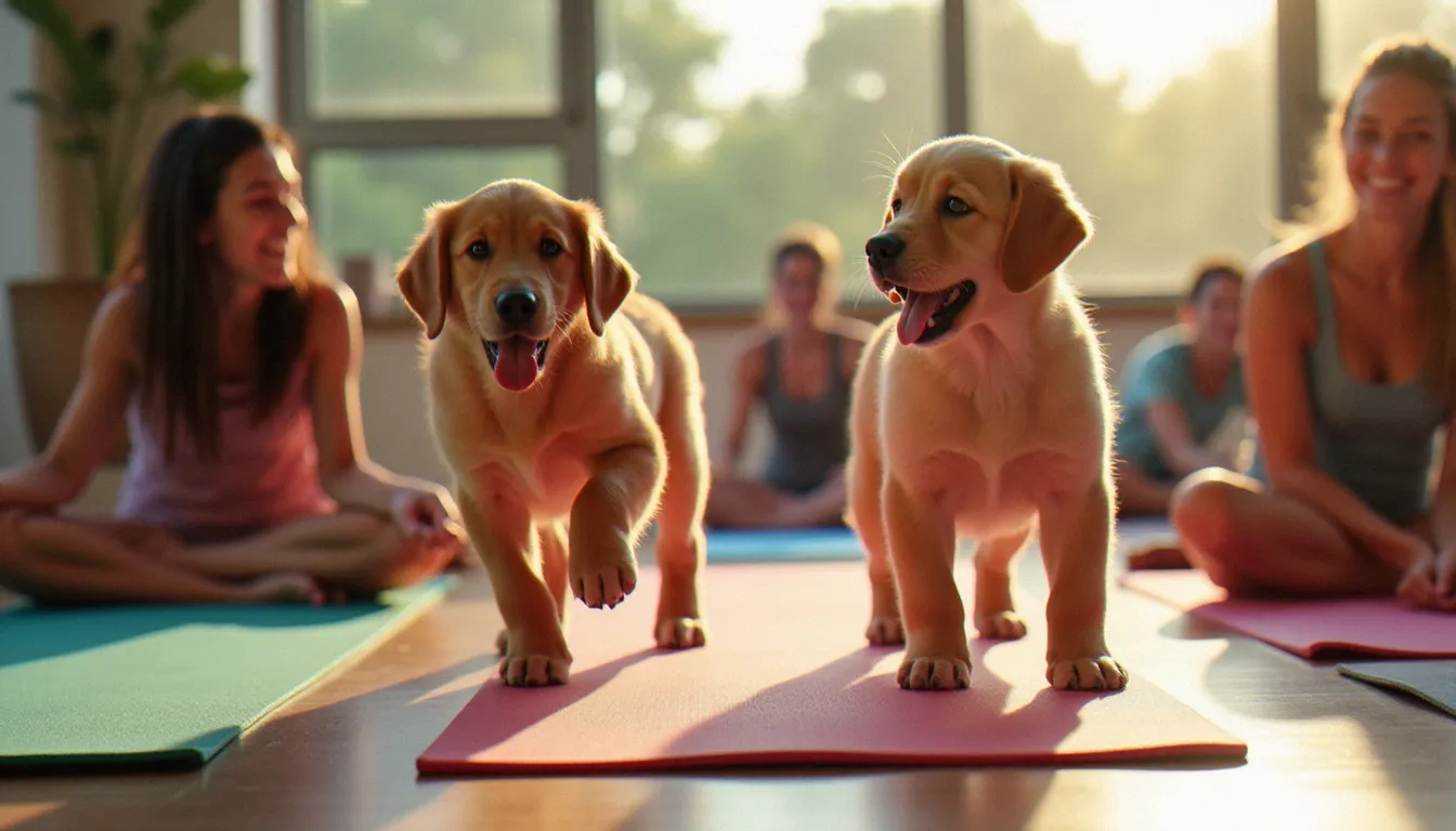 Groupe de participants souriant pendant une séance de puppy yoga avec des chiots dorés, format unique justifiant un prix de séance de yoga légèrement supérieur