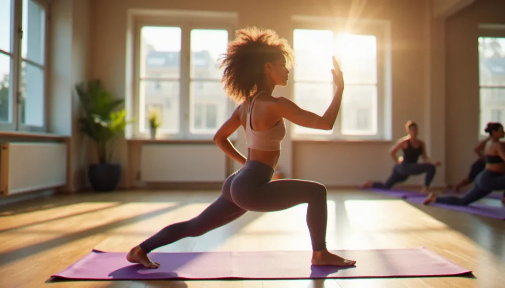 Femme pratiquant une posture de yoga guerrière dans un studio lumineux, illustrant le prix d'une séance de yoga en France