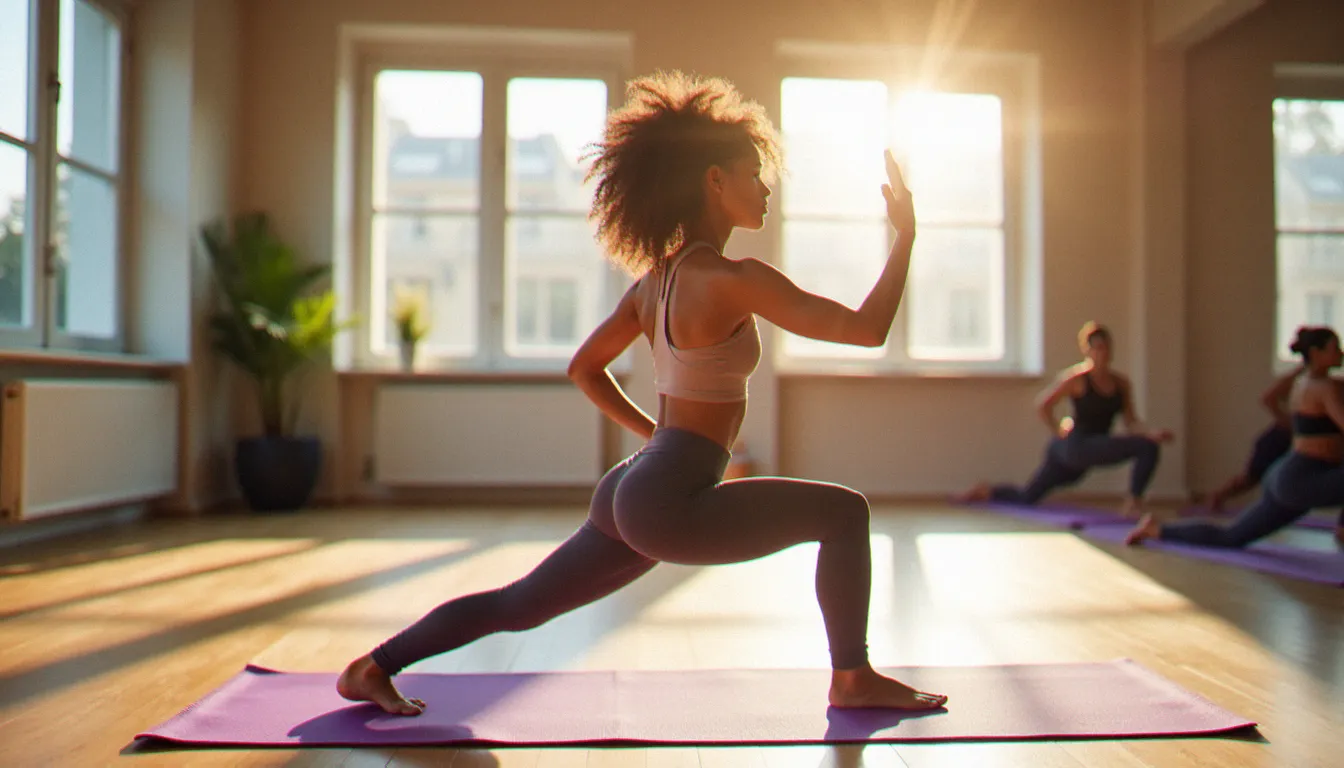 Femme pratiquant une posture de yoga guerrière dans un studio lumineux, illustrant le prix d'une séance de yoga en France