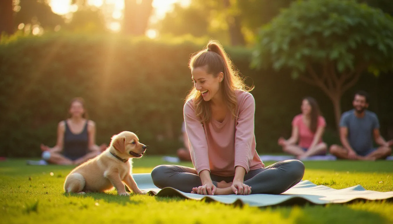 Session de puppy yoga en plein air à Rabat, jeune femme en posture enfant avec un chiot sur son tapis, jardin verdoyant marocain en arrière-plan