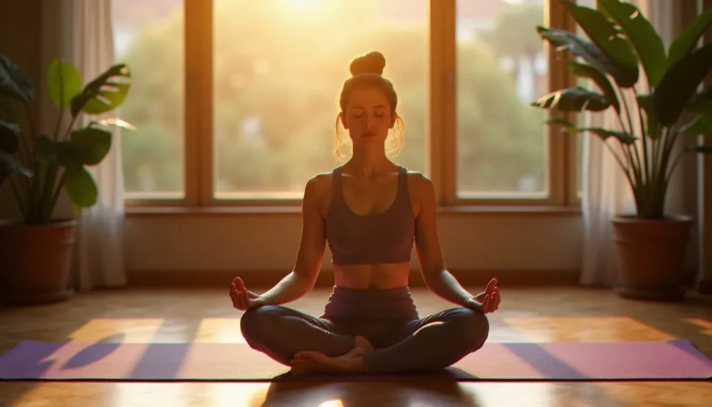 yoga sans degats de gasquet featured Femme pratiquant le yoga sans dégâts de Gasquet en posture méditative assise dans un studio lumineux aux tons chauds