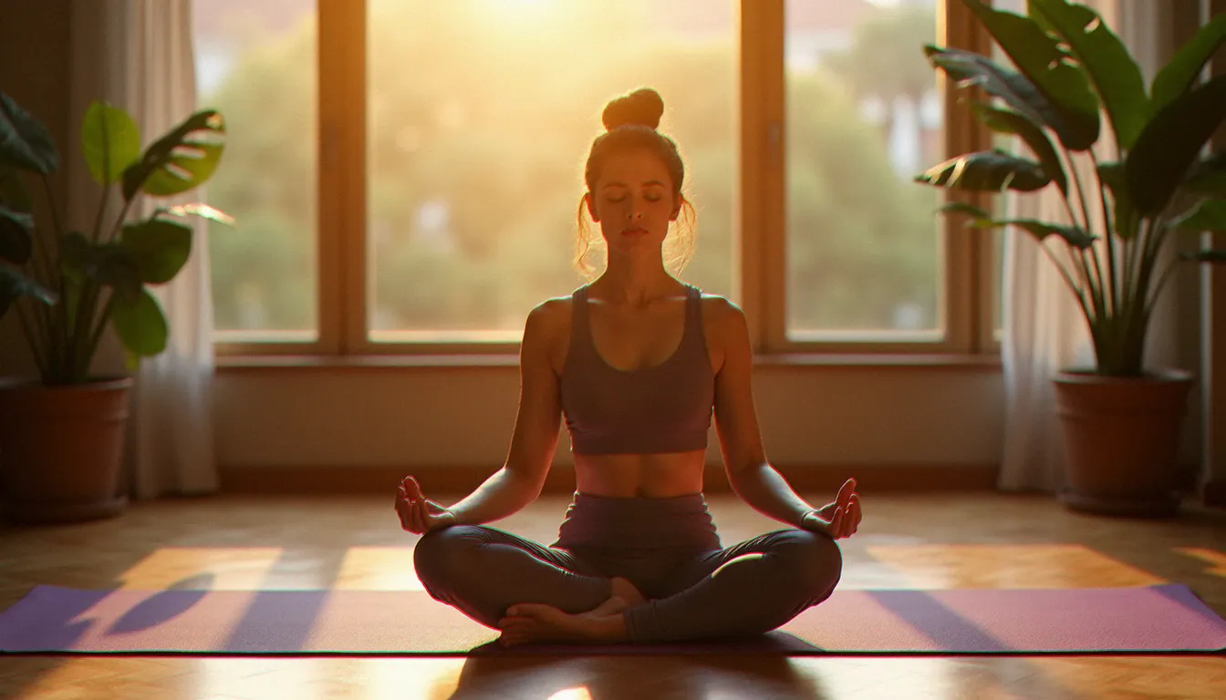 Femme pratiquant le yoga sans dégâts de Gasquet en posture méditative assise dans un studio lumineux aux tons chauds