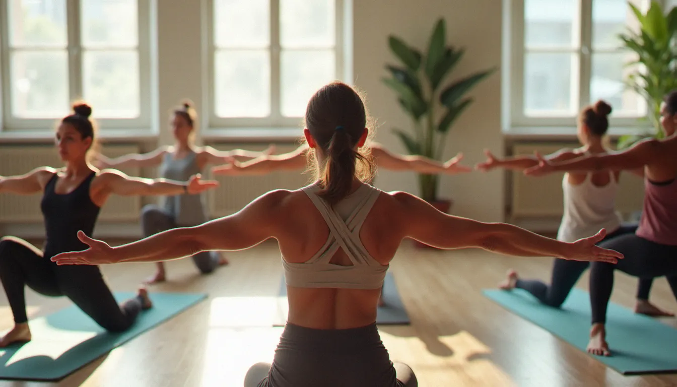 Cours de yoga collectif inclusif avec participants pratiquant des postures de guerrier adaptées sans utiliser les bras dans un studio lumineux