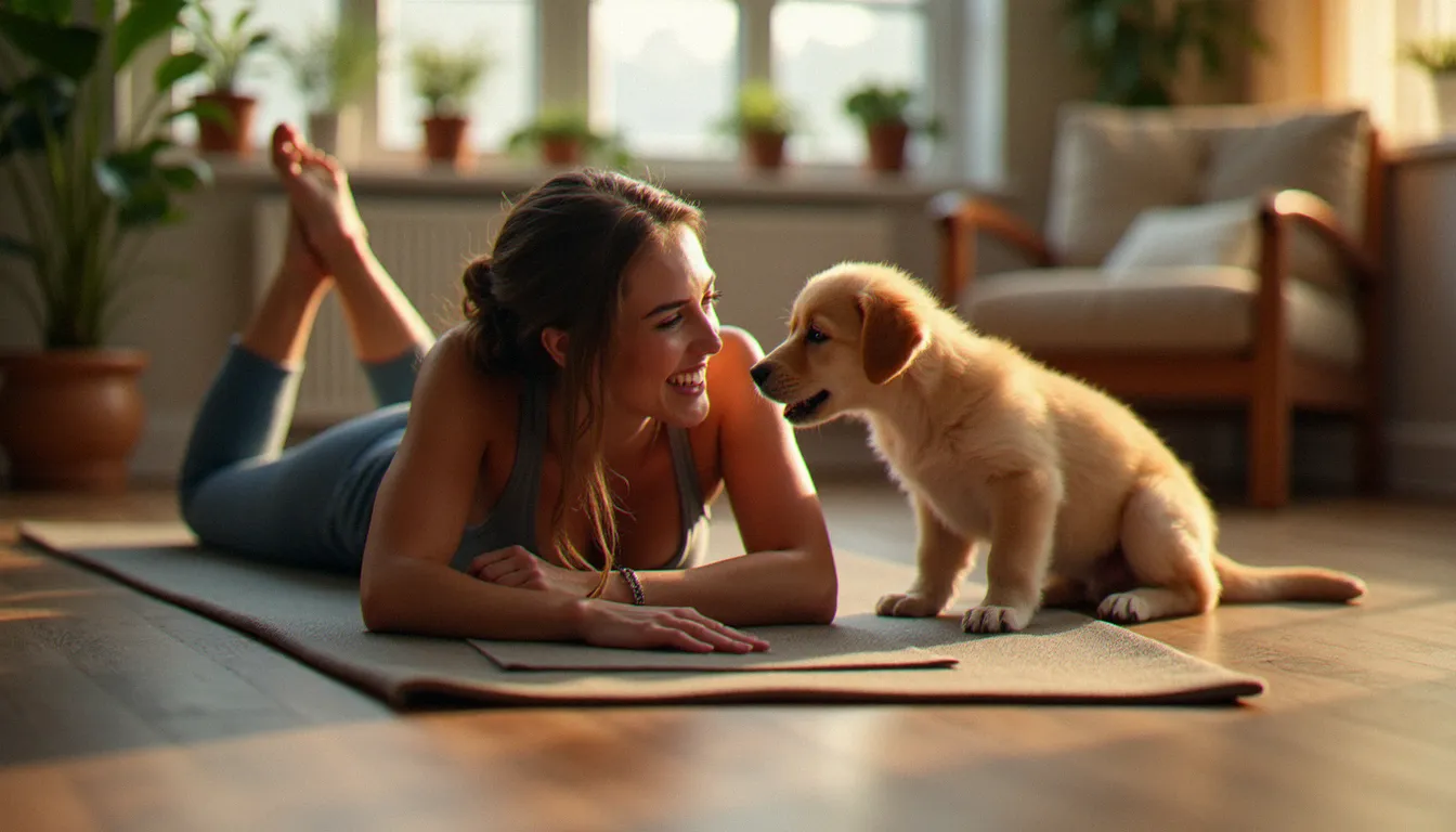 Femme en posture de pont sur tapis de yoga avec un chiot golden retriever, illustrant la pratique du yoga sans les bras avec présence animale