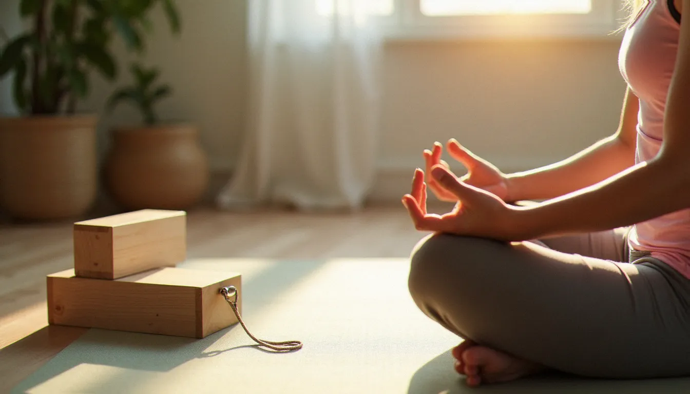 Accessoires de yoga incluant blocs et sangle pour pratiquer le yoga sans les mains, femme en méditation assise