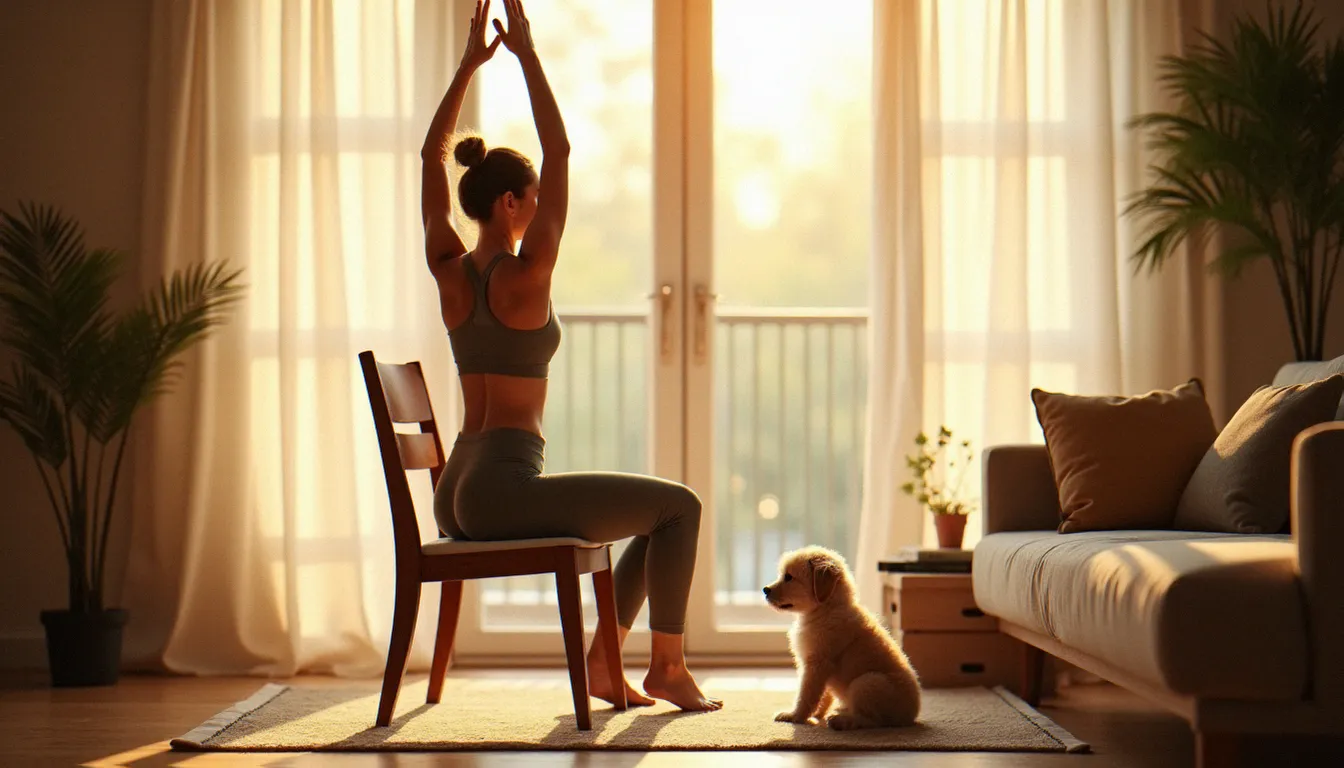 Pratiquante de yoga en chaise les bras levés dans une posture adaptée, avec un petit chien assis près d'elle dans un salon chaleureux