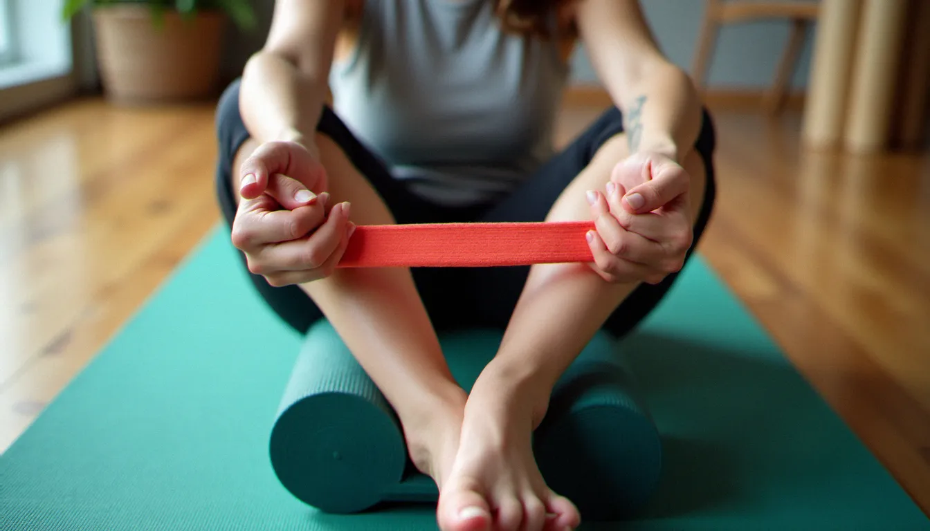 Gros plan sur une sangle de yoga utilisée lors d'une séance de yoga sans les pieds allongée sur un tapis, avec bolster et accessoires de soutien