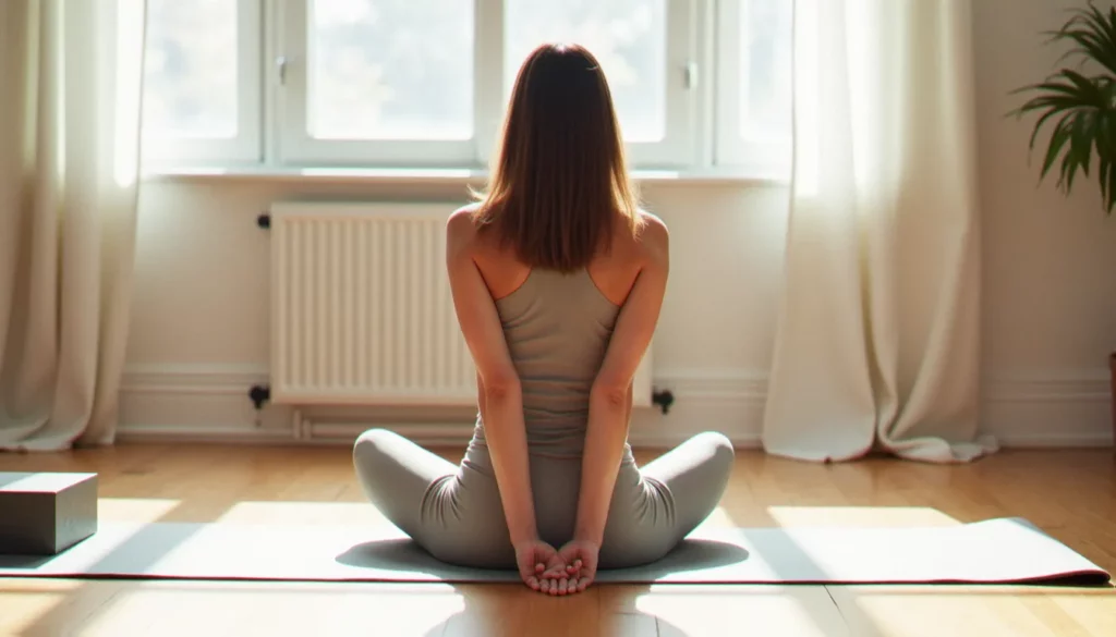 yoga sans les pieds featured Femme pratiquant le yoga sans les pieds en position de flexion avant assise sur un tapis dans un studio lumineux