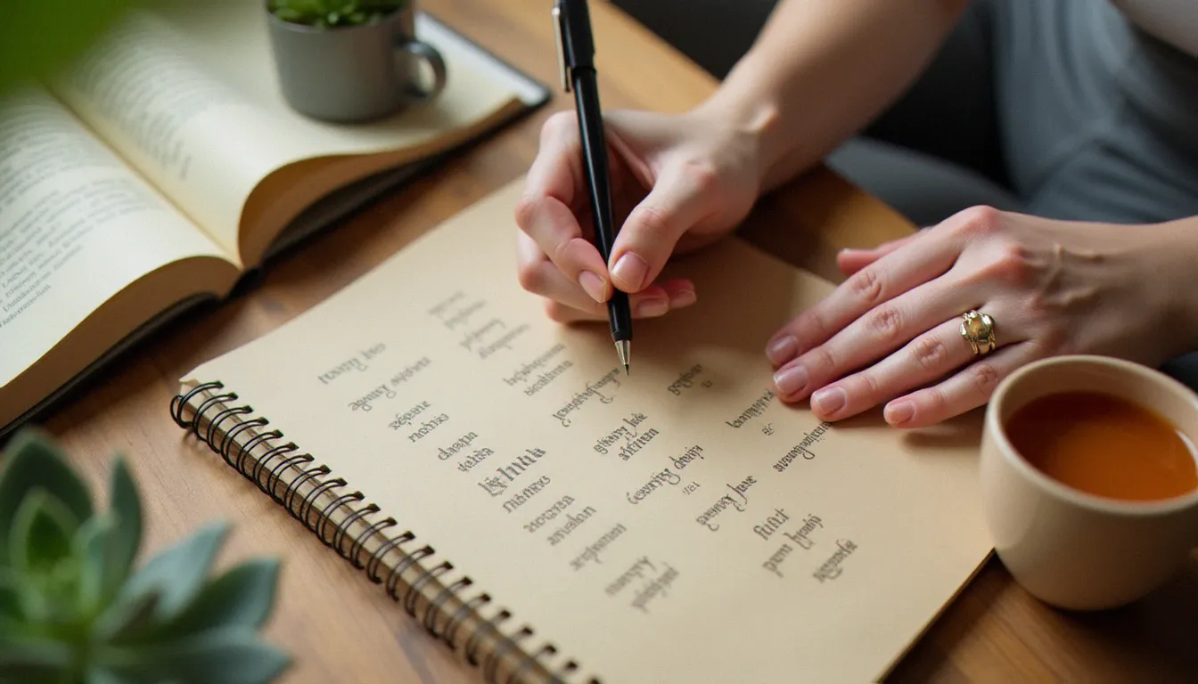 Carnet ouvert avec des noms de postures yoga sanskrit écrits à la main, entouré d'un livre de yoga et d'une tasse de thé sur une table en bois