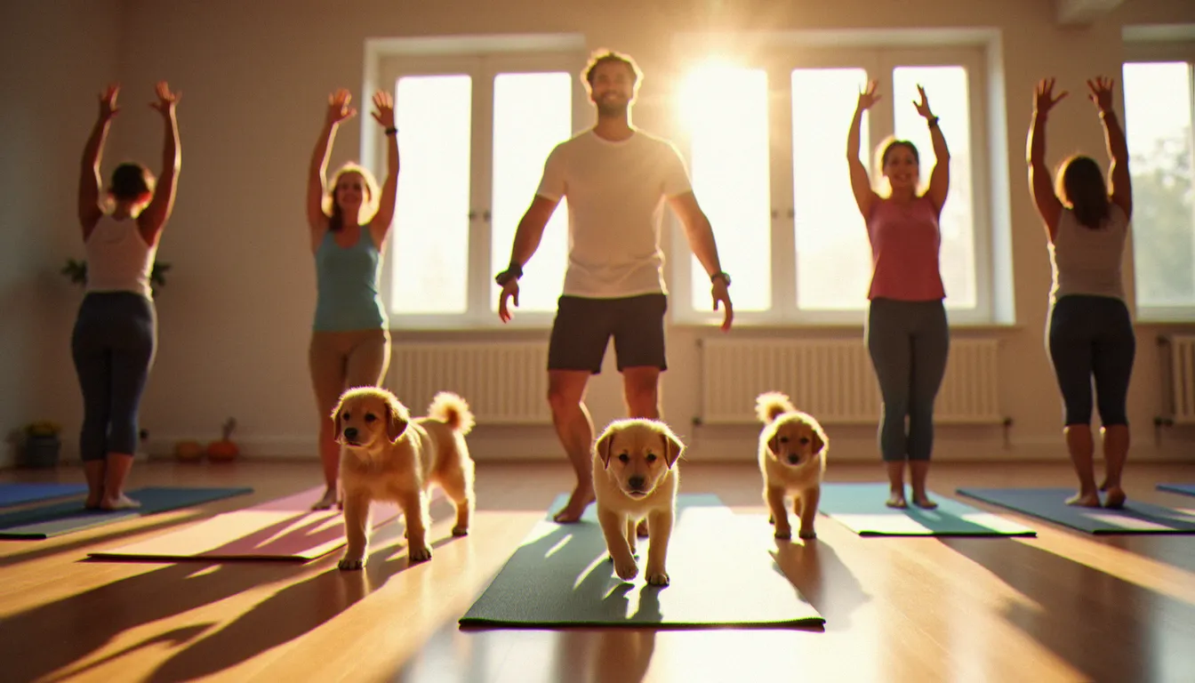 Cours de puppy yoga collectif avec des participants en posture de chien tête en bas et des chiots jouant entre les tapis dans un studio lumineux