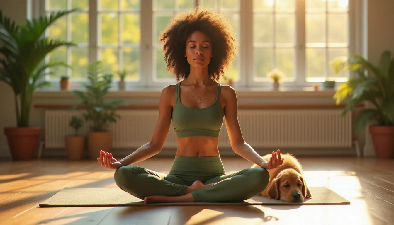 Femme en position de méditation yoga sanskrit avec mudra des mains et chiot golden retriever allongé sur le tapis de yoga à côté d'elle