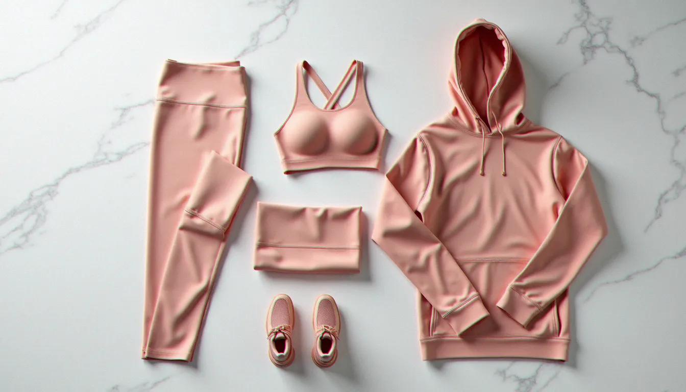 Ensemble de vêtements de yoga premium disposés en flat lay sur marbre blanc, représentant les différentes catégories de prix chez Alo Yoga