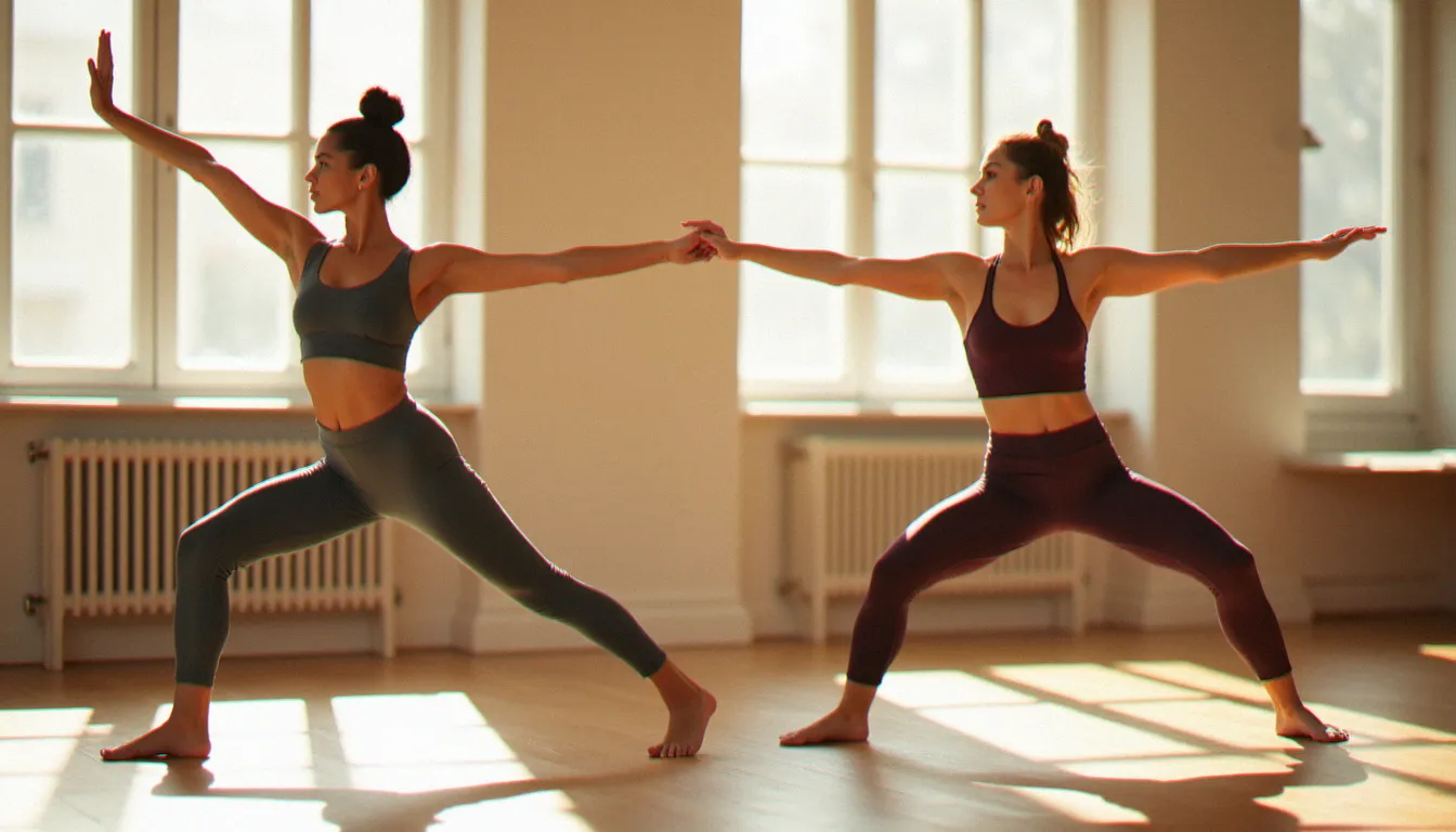 Deux femmes en posture de yoga guerrière dans un studio lumineux, illustrant la comparaison entre marques de vêtements de yoga à différents niveaux de prix